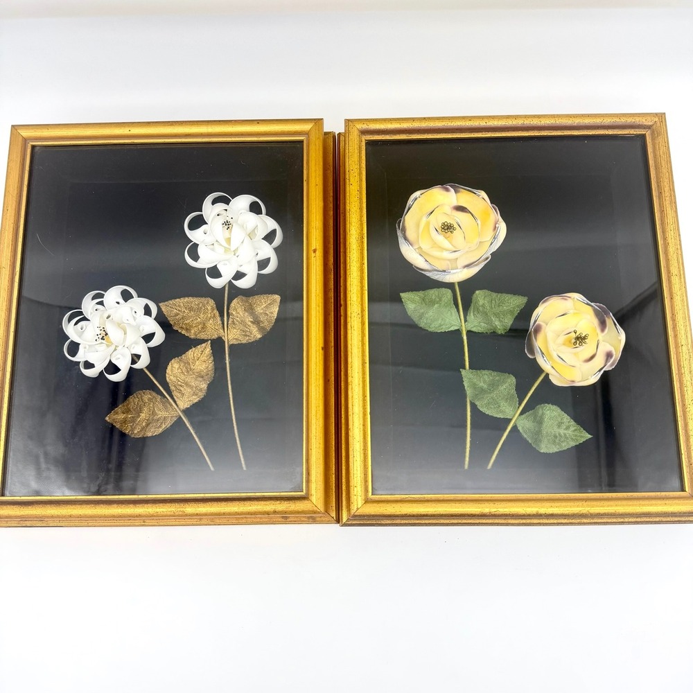 Bruce Beaven Sea Shell Products Floral Art‎ Vintage Framed Shadowbox Set of 2